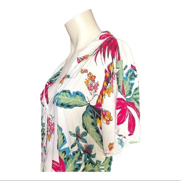Japna Hawaiian Blouse Tie Waist White Pink Tropical Floral Short Sleeve Women S - Picture 7 of 8